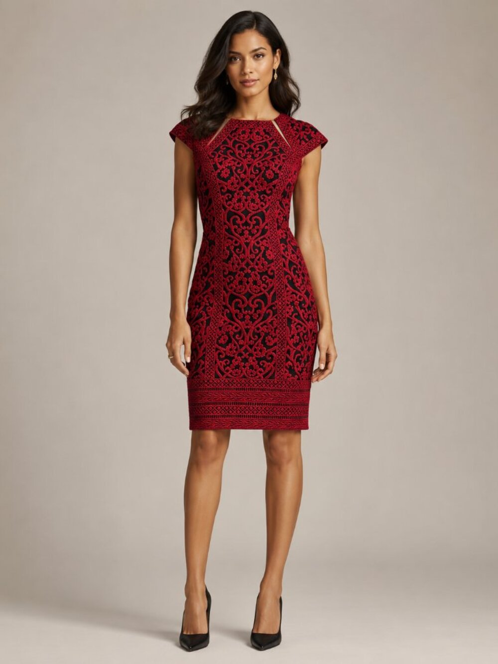Tadashi Shoji Lace Overlay Cocktail Midi Dress Red Black